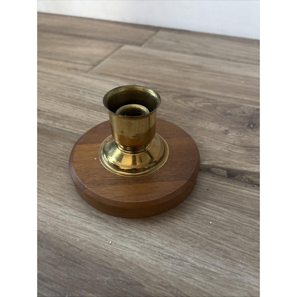 Vintage Wood And Brass Farmhouse‎ Primitive Style Taper Candle Holder 3.5"  x 5"